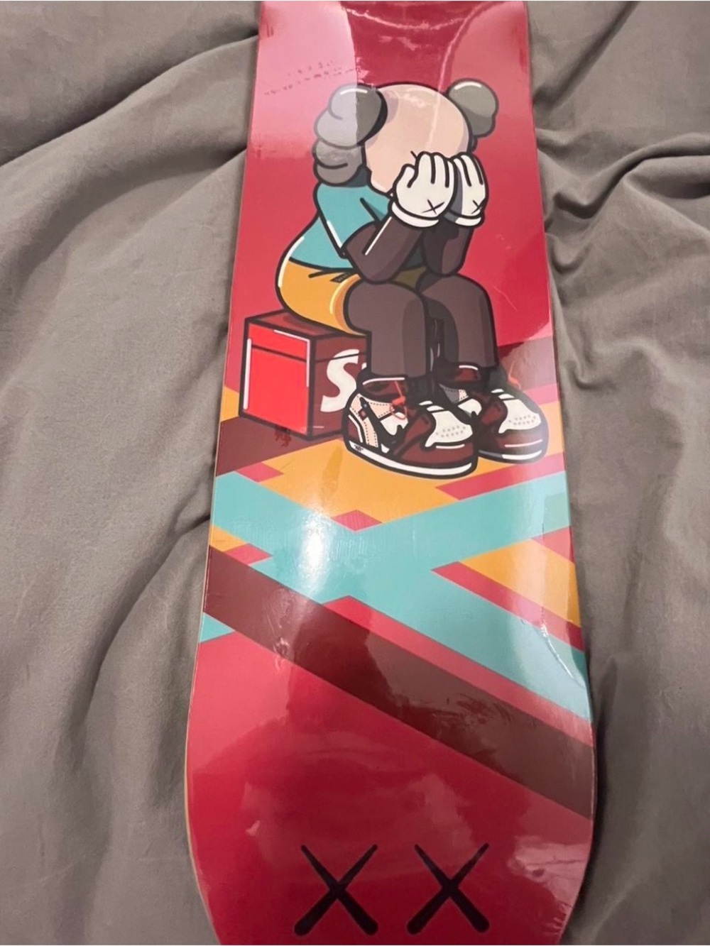KAWS Inspired Red Skateboard Deck Sitting Figure XX Collectible Wall Art Board